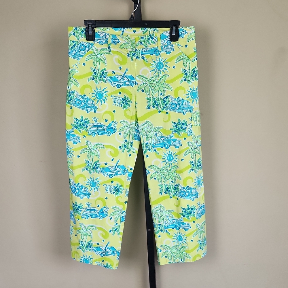 Lilly Pulitzer 6 Yellow Lime Aqua Blue Tropical Pants Cruisin Woody Cars Capris